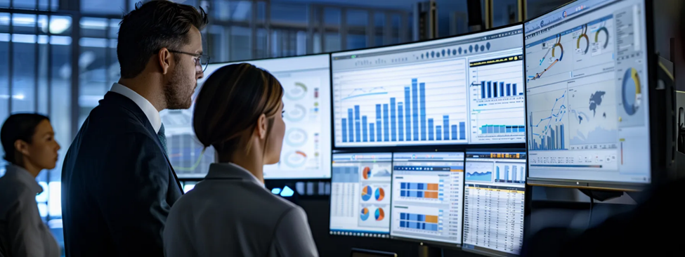 Business professionals looking at analytics from RFP automation tools displayed on a computer.